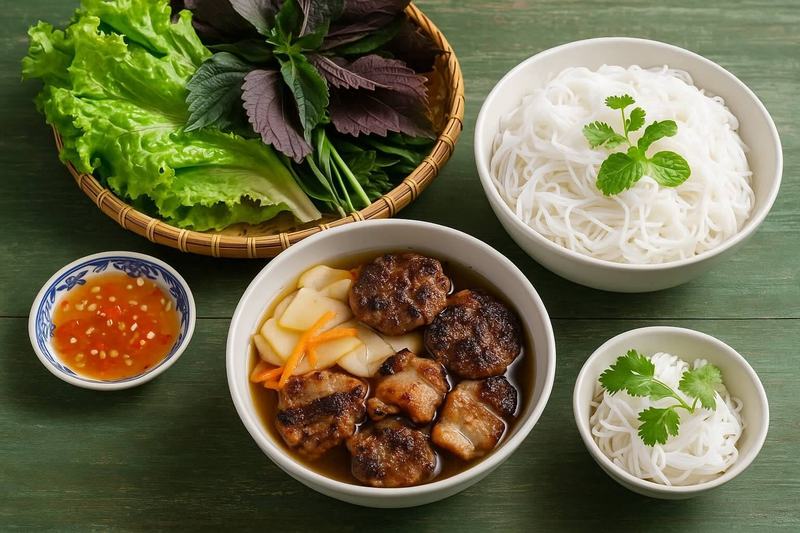 Traditional Hanoi bún chả set with grilled pork, vermicelli, herbs, and dipping sauce