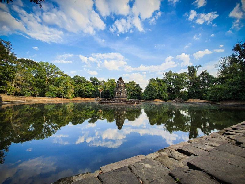 Neak Pean’s central island pool with surrounding smaller pools in Angkor
