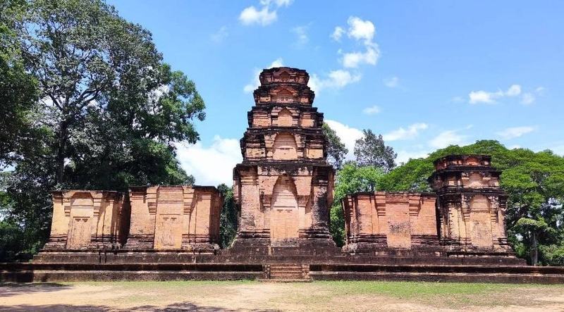 Prasat Kravan temple with detailed brick carvings of Hindu deities