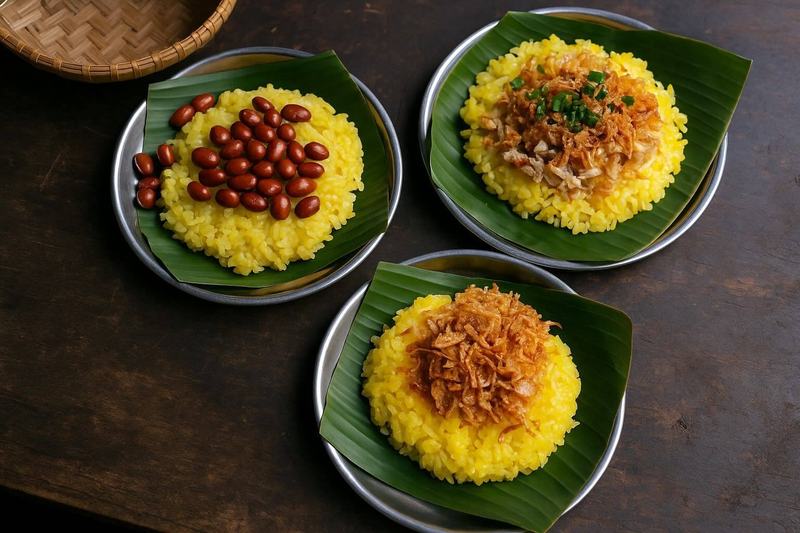 Three Vietnamese sticky rice dishes served on banana leaves with traditional toppings
